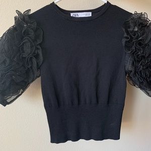 Black Cropped Sweater w/ Puff Sleeves